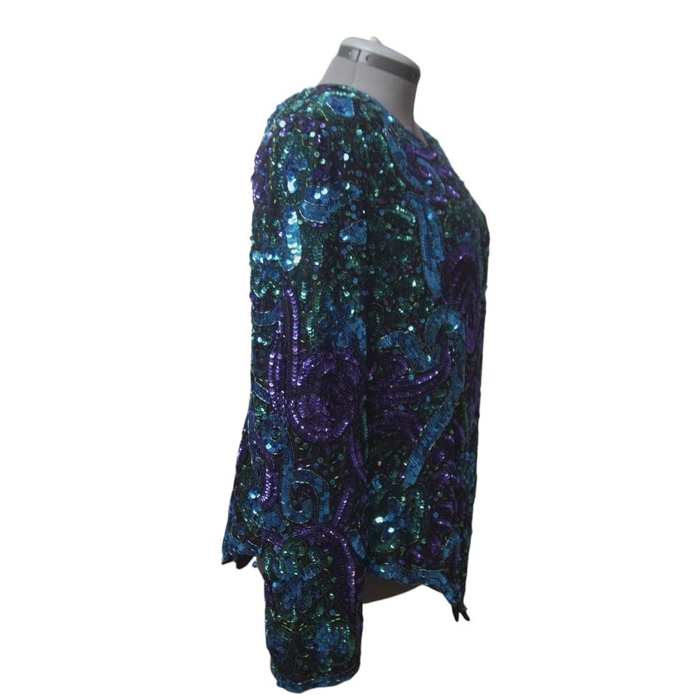 Laurence Kazar Sequin Silk Blouse Rose Motif Blue Purple Sz 2X Vintage - Picture 4 of 15